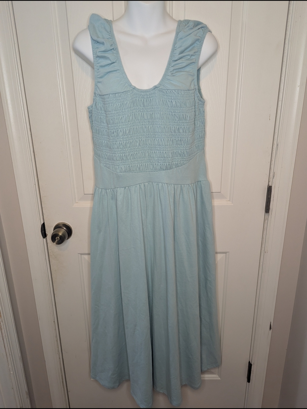 Sleeveless Light Blue Midi Dress with Shirred Bodice